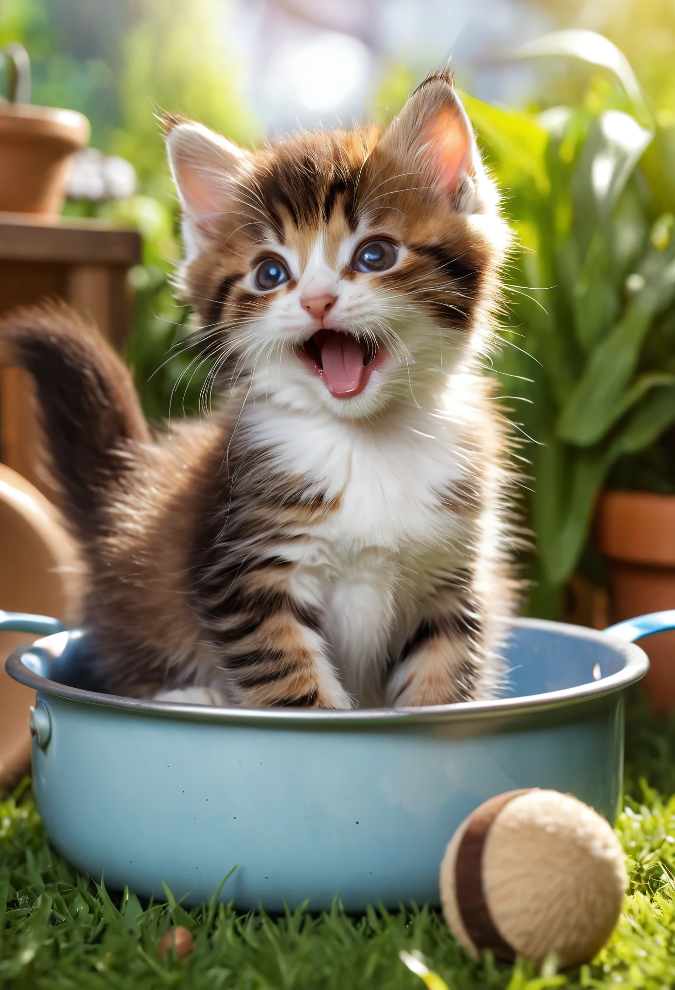 (8k, RAW Photos, highest quality, masterpiece, Realistic, Realistic, Ultra HD), (Cute kitten), Very cute, (Beautiful brown fur), (Playing with toys), (Yawn), (In the pan), (Home garden background), Background Blur, (Ray Tracing, Beautiful lighting, masterpiece),