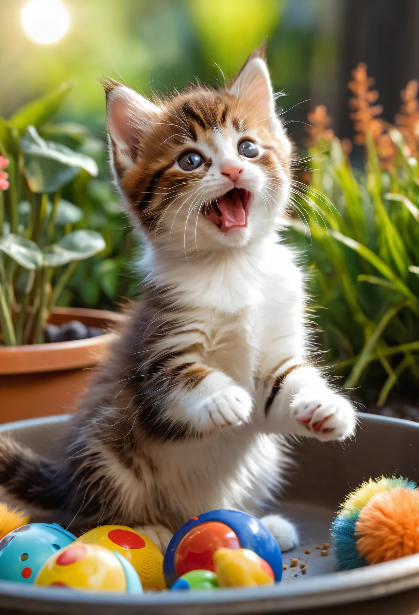(8k, RAW Photos, highest quality, masterpiece, Realistic, Realistic, Ultra HD), (Cute kitten), Very cute, (Beautiful brown fur), (Playing with toys), (Yawn), (In the pan), (Home garden background), Background Blur, (Ray Tracing, Beautiful lighting, masterpiece),