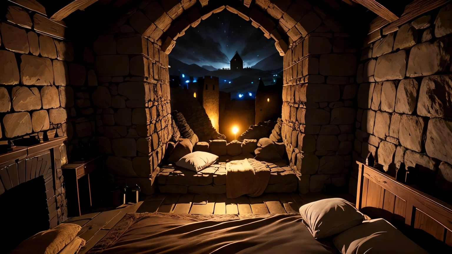 (((Dark))),((Medieval fortress interior at night)),Night bedroom,It was pitch black outside the window,Stone Wall,Medieval military fortress,Surrounded by walls,,