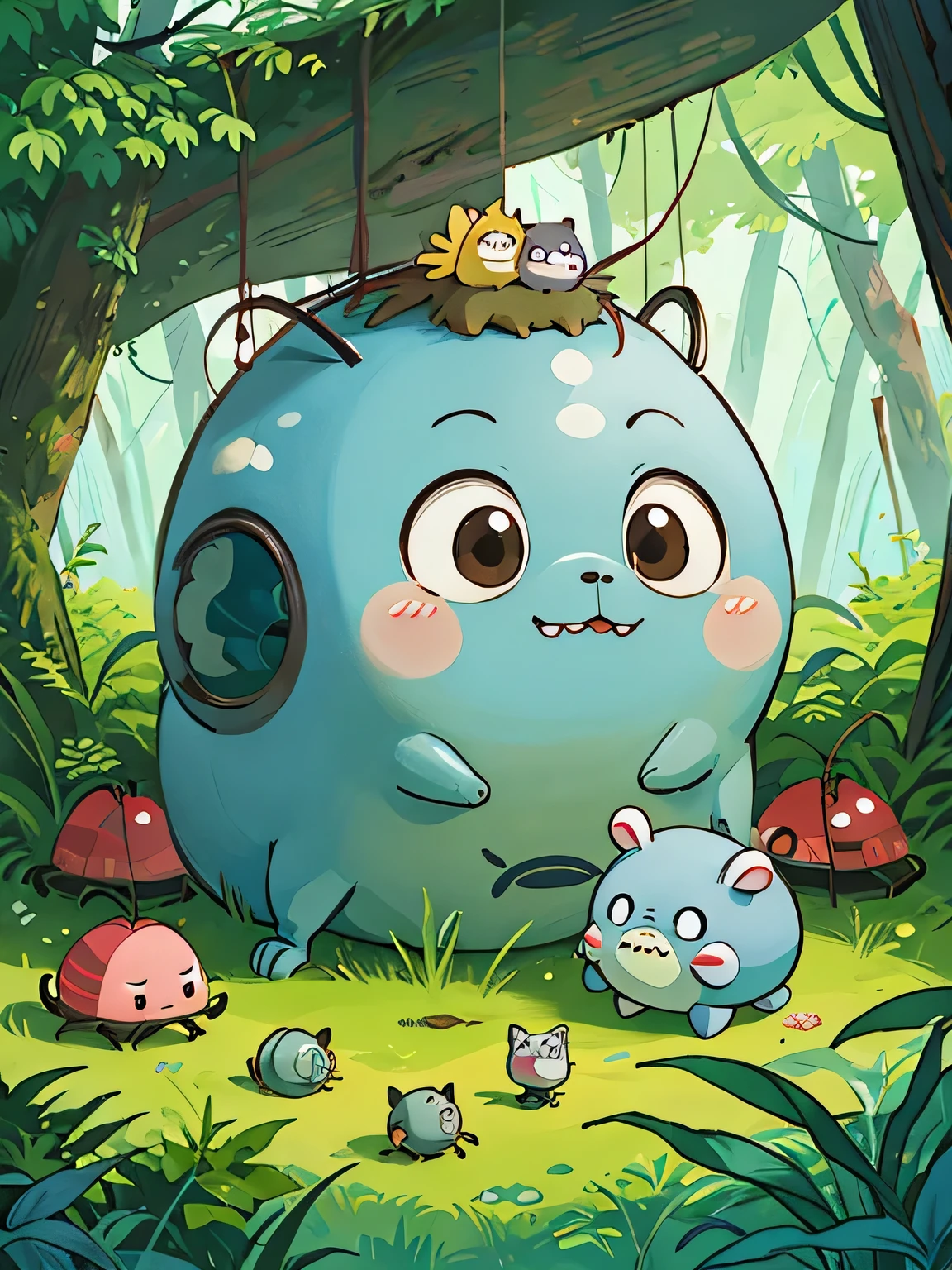 hayao miyazaki style, Kawaii Design, The most beautiful girl of all time、Chibi, Cute and colorful pillbugs、play together、Lots of pillbugs、Totoro Forest