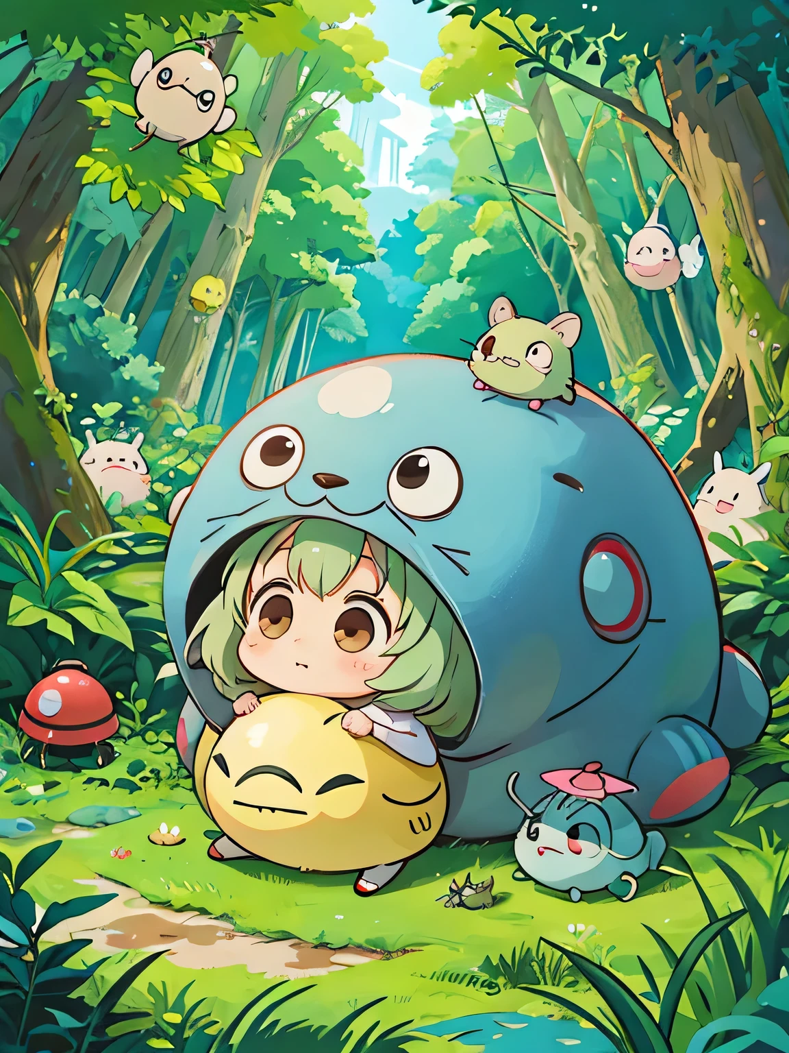 hayao miyazaki style, Kawaii Design, The most beautiful girl of all time、Chibi, Cute and colorful pillbugs、play together、Lots of pillbugs、Totoro Forest