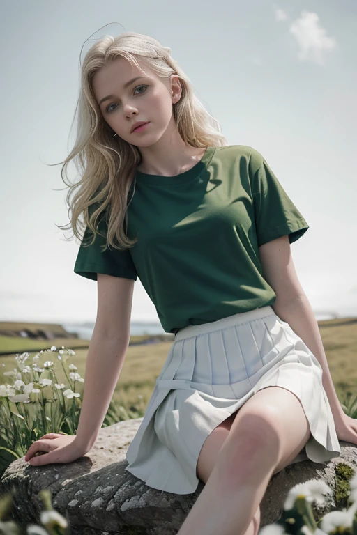 masterpiece, best quality, hyper-realistic, cinematic photo, -yeld gi ((pale skin)), british amazing slim figure, ((green school shirt, white skirt)), ((white sneakers)), short blonde light wavy hair , perfect slender legs, wide hips, perfect hands, beautiful face, perfect face, youthful, (blurred background), modern style, posing for photos, side shot (green t-shirt) low_angle_human, high quality, sitting on a rock, spread legs, (browser view), looking at viewer, (8k, epic composition, photorealistic, sharp focus), detailed background, ((In a field in Ireland)), DSLR camera, film grain, fog around