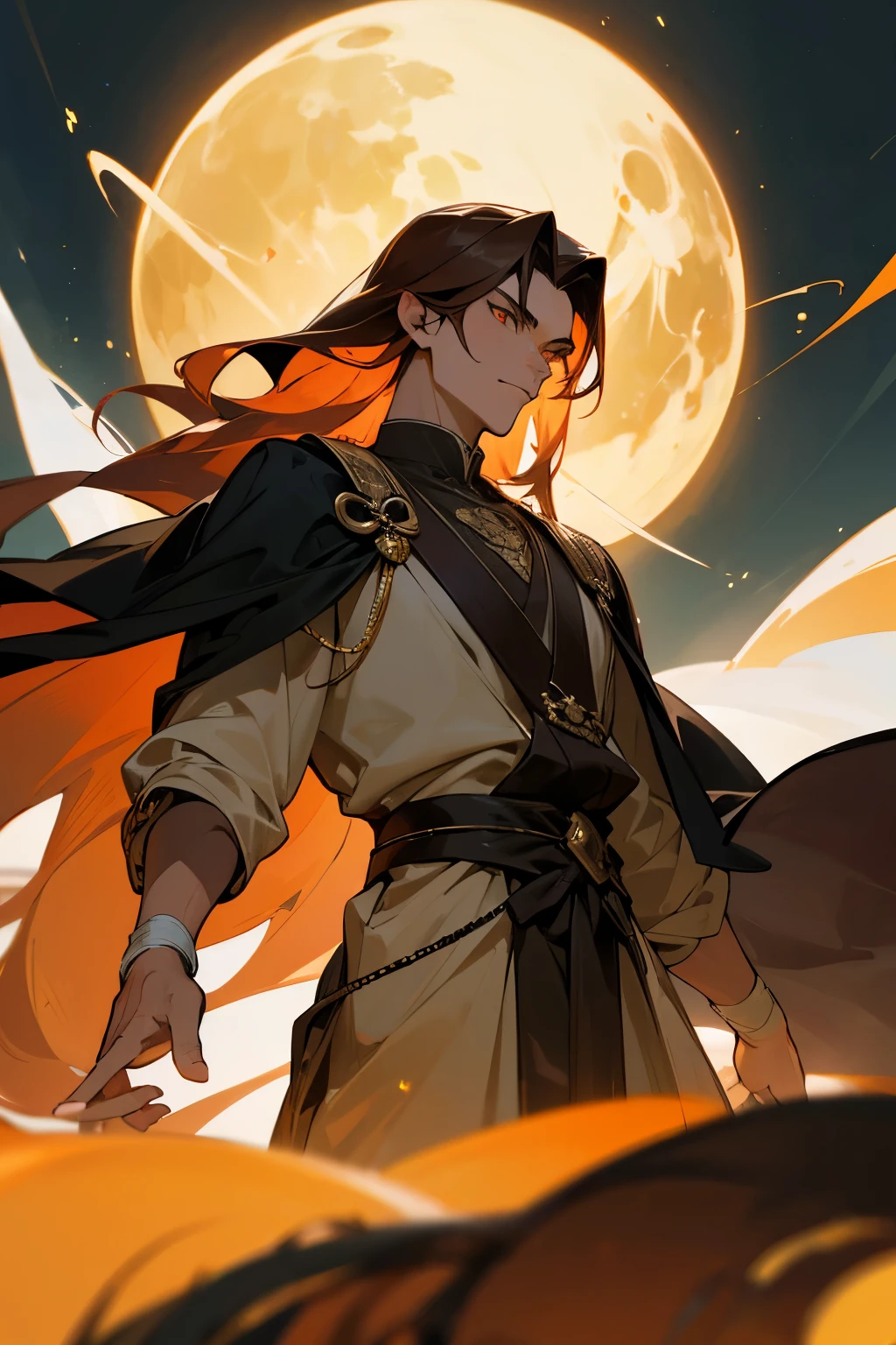 a dude whos name is Daeron inherits the distinctive features of his Yi-Tish heritage, with sharp, almond-shaped eyes of deep brown and skin the color of burnished copper. His hair, as dark as a moonless night, cascades in luxurious waves, often adorned with jewels and precious metals befitting his royal status. He possesses an imposing presence, standing tall strong and graceful with an air of regal authority, yet there is a haunting sadness in his gaze