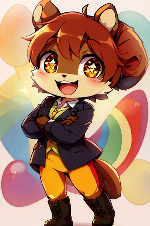 boy, squirrel, furry, bodyfur, blazer, bottomless, rainbow tights, gloves, boots, chibi, happy, sparkling eyes