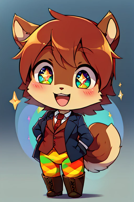 boy, squirrel, furry, bodyfur, blazer, bottomless, rainbow tights, gloves, boots, chibi, happy, sparkling eyes