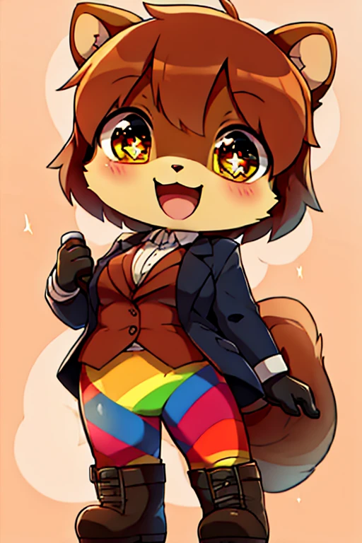 boy, squirrel, furry, bodyfur, blazer, bottomless, rainbow tights, gloves, boots, chibi, happy, sparkling eyes