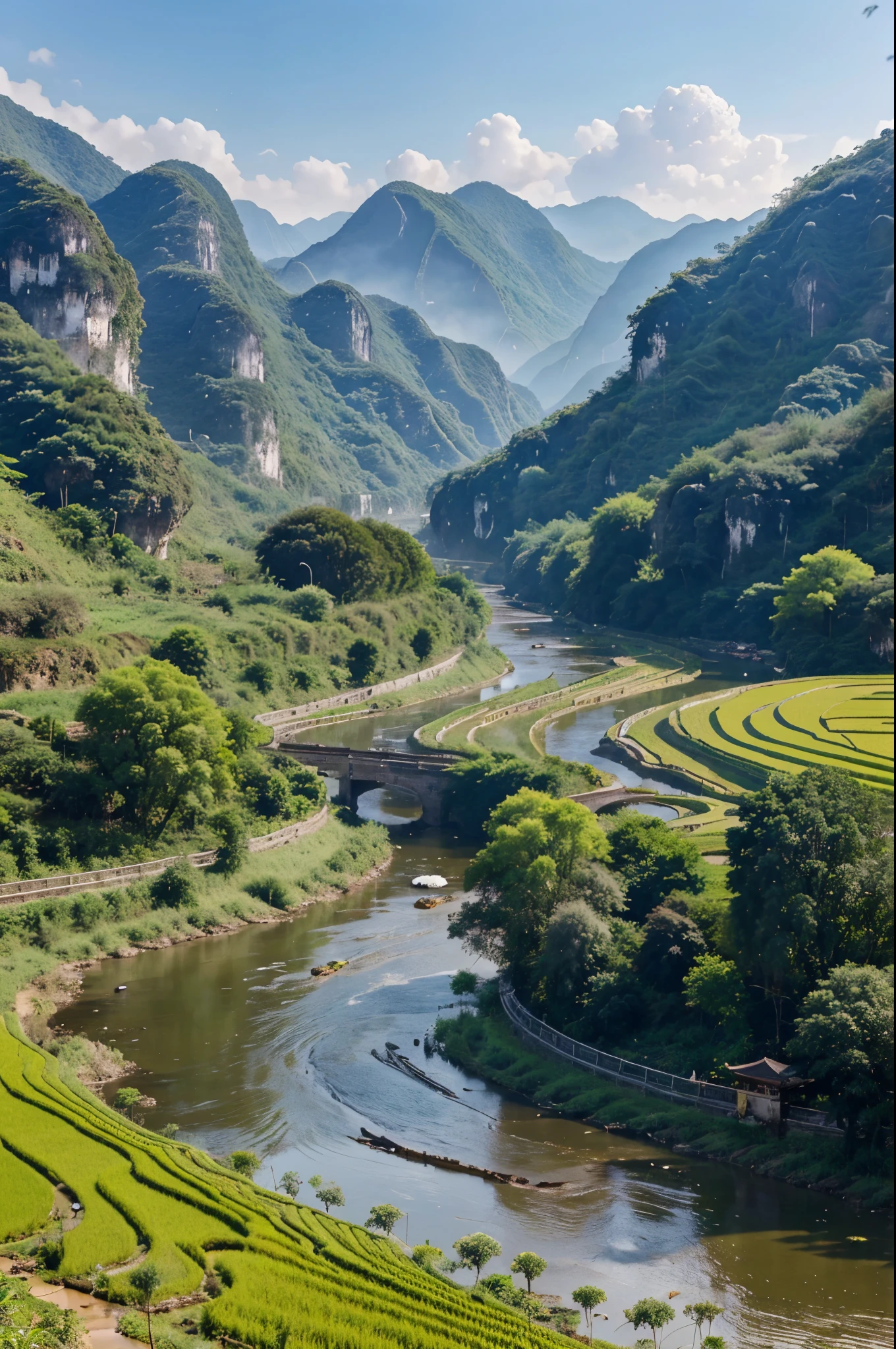 Beautiful views of the Chinese countryside and mountains., karst landscape, paisaje chino, pueblo chino, jungles of Vietnam beautiful, hou china, karst landscape ; plano general, Vietnam, paisaje muy hermoso, impresionantes paisajes, Valle encantador, rice fields and flowing river, paisajes impresionantes, very paisaje muy hermoso, guangjian, pintoresco, natural morning light
