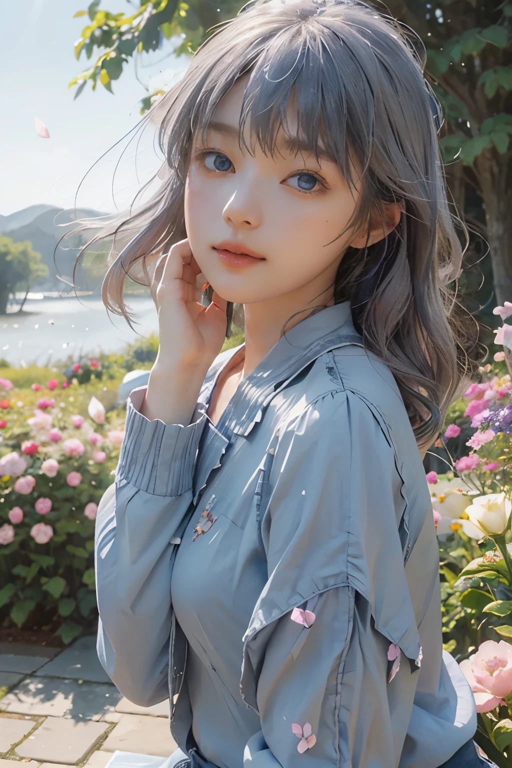 (Realistic, photoRealistic), Four Colors_Genshin Impact, Are standing, One girl, Blue hat, ((Gray Hair)),(Cowboy Shot, close), Hair between the eyes, blue eyes, bangs, White shorts, Thigh straps, Long sleeve, Blue jacket, White shirt, Upper Body, (masterpiece, high quality, 最high quality), (colorful),(Delicate eyes and face), volumatic Light, Ray Tracing, Bust Shot ,Highly detailed CG Unity 8k wallpaper,alone((Flying petals)),(Flowery meadow) null, blue null, sunny, Light, Fantasy, the wind is strong, magic sgardens, Outdoor, garden, wood, Flowers, lake,