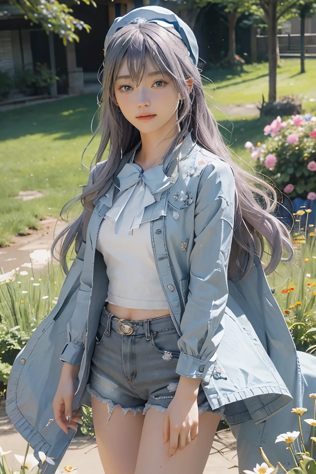 (Realistic, photoRealistic), Four Colors_Genshin Impact, Are standing, One girl, Blue hat, ((Gray Hair)),(Cowboy Shot, close), Hair between the eyes, blue eyes, bangs, White shorts, Thigh straps, Long sleeve, Blue jacket, White shirt, Upper Body, (masterpiece, high quality, 最high quality), (colorful),(Delicate eyes and face), volumatic Light, Ray Tracing, Bust Shot ,Highly detailed CG Unity 8k wallpaper,alone((Flying petals)),(Flowery meadow) null, blue null, sunny, Light, Fantasy, the wind is strong, magic sgardens, Outdoor, garden, wood, Flowers, lake,