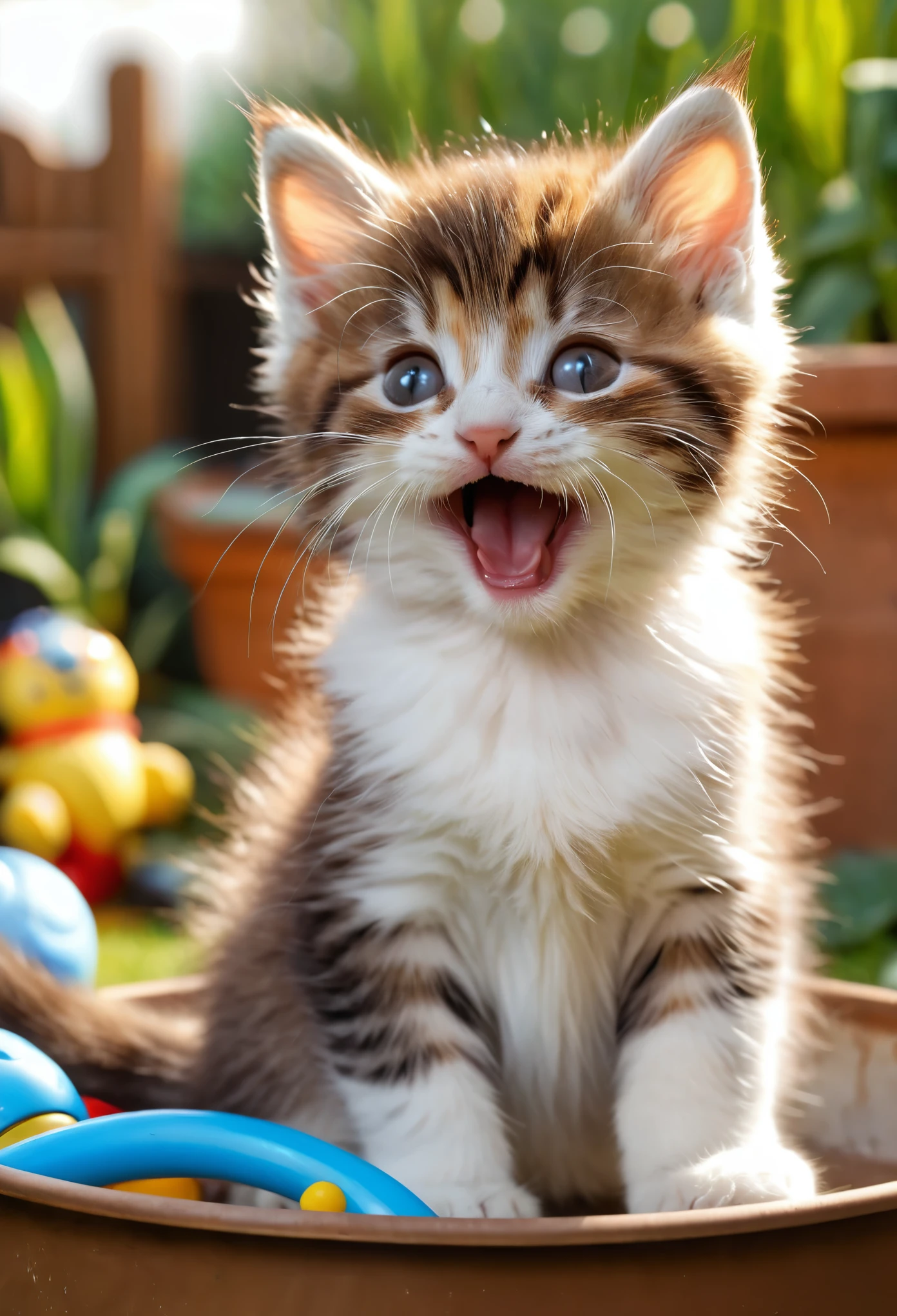 (8k, RAW Photos, highest quality, masterpiece, Realistic, Realistic, Ultra HD), (Cute kitten), Very cute, (Beautiful brown fur), (Playing with toys), (Yawn), (In the pan), (Home garden background), Background Blur, (Ray Tracing, Beautiful lighting, masterpiece),