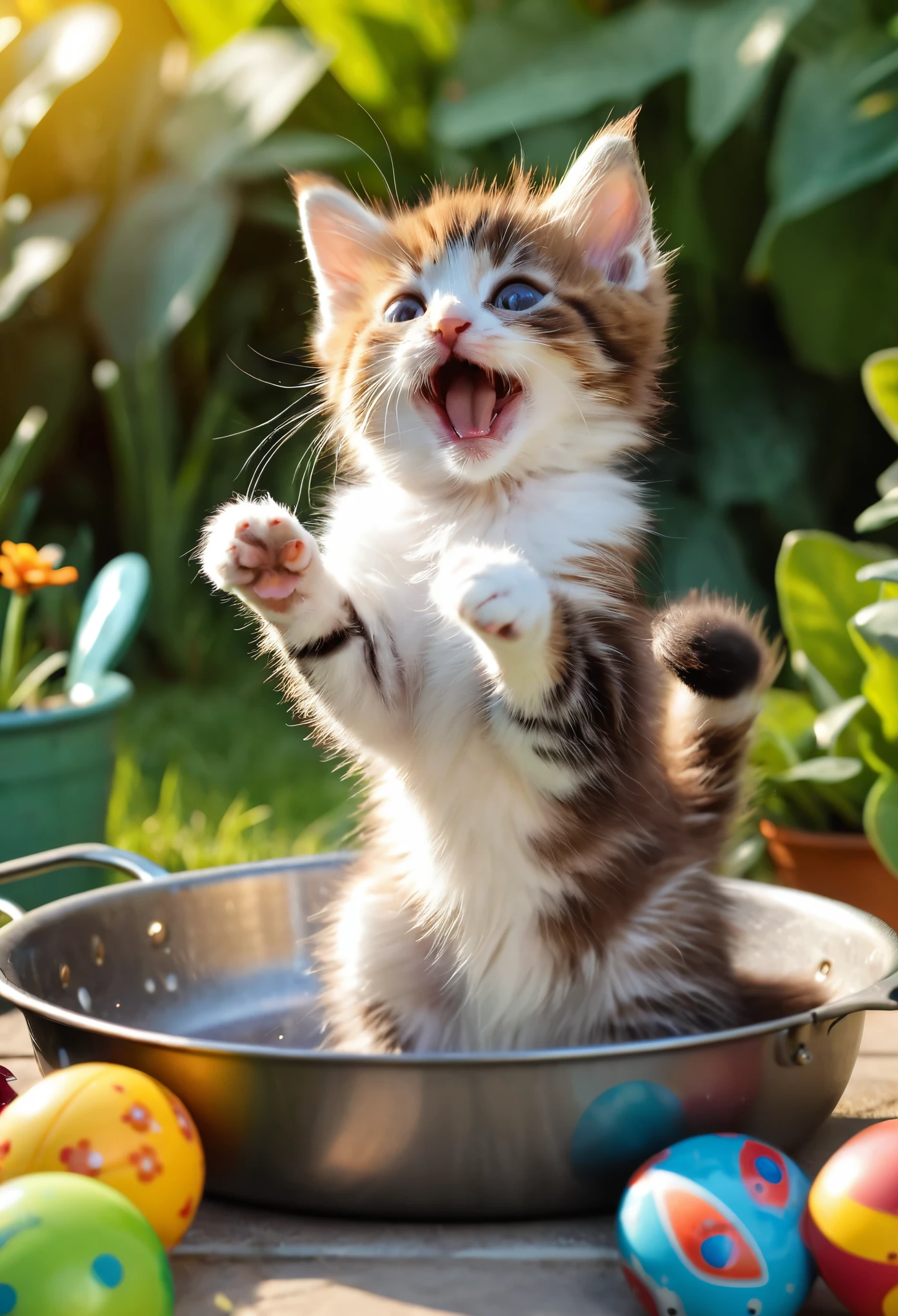(8k, RAW Photos, highest quality, masterpiece, Realistic, Realistic, Ultra HD), (Cute kitten), Very cute, (Beautiful brown fur), (Playing with toys), (Yawn), (In the pan), (Home garden background),  Background Blur, (Ray Tracing, Beautiful lighting, masterpiece), 