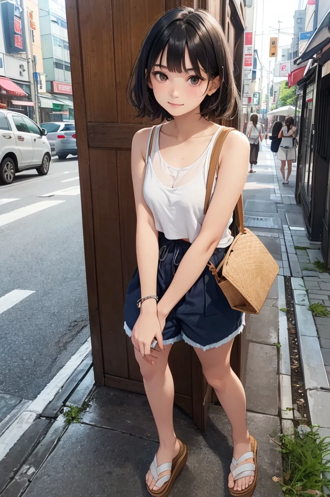 ({Mia},1girl,cute,17yo,beautiful detailed face,navy hair-color,wavy short-hair,parallel eyebrows,navy eyes,
eyes with large brown irises,mole on right cheek,blunt bangs,small nose,small mouth, fresh lips,small chin,small breasts,small hip,5feet tall),
very happy,
BREAK Cropped organic linen tank top, pleated Tencel lyocell shorts, cork platform sandals, eco-friendly raffia backpack, ethically-sourced bamboo ring,
downtown of tokyo,