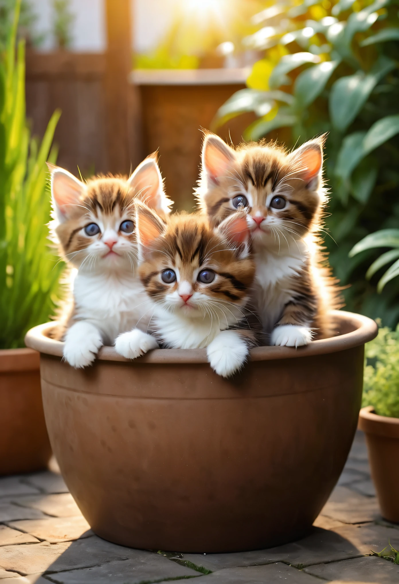 (8k, RAW Photos, highest quality, masterpiece, Realistic, Realistic, Ultra HD), (Cute kitten), Very cute, (Beautiful brown fur), (Three cat brothers), (smile), (Rolled up in a pot), (Home garden background),  Background Blur, (Ray Tracing, Beautiful lighting, masterpiece), 