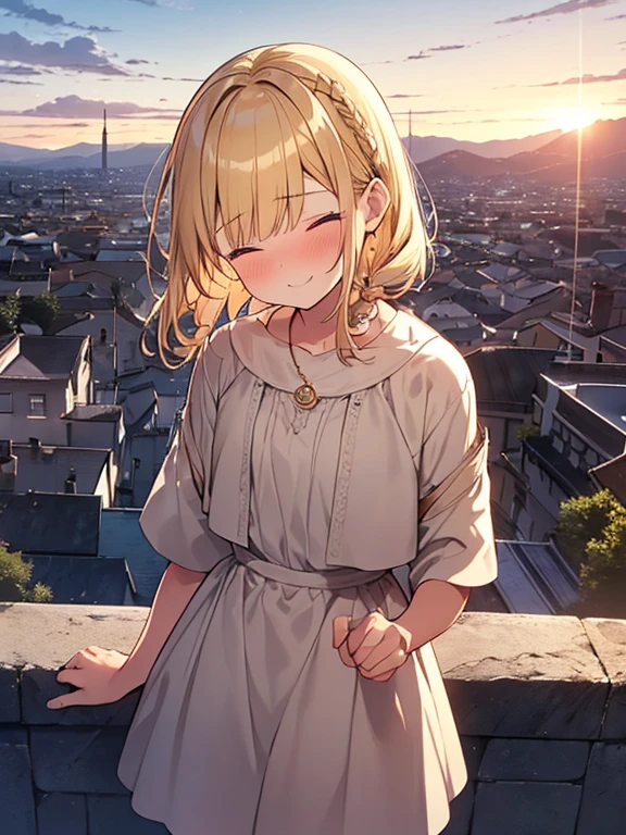 Masterpiece, Top quality, 1 beautiful girl, Blonde, short Hair, Braided hair, wavy Hair, blunt bangs, silky hair, 16 year old, standard weight, (cool boyish clothes:1.3), (happy :1.4), nose blush, closed eyes, beautiful scene of town, from above, blurry background, magnificent panorama view, sunset