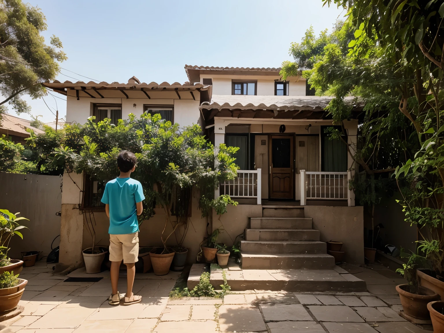 The was a house which connect one room in upstairs with steps near that upstairs room there was a one neem tree in that tree there was on bird opposite to this one boy and girl seeing eachother