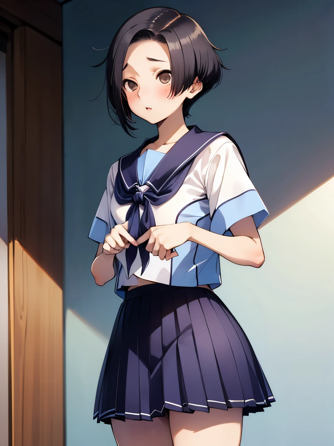 NSFW,Aarinko、short hair、Black Hair、Bobcut、Serafuku、Sailor collar、Blue neckerchief、White Shirt、Short sleeve、Pleated skirt、Blue Skirt,Embarrassed,blush,(Perfect hands),(Perfect Anatomy),(masterpiece),(highest quality),Looking up