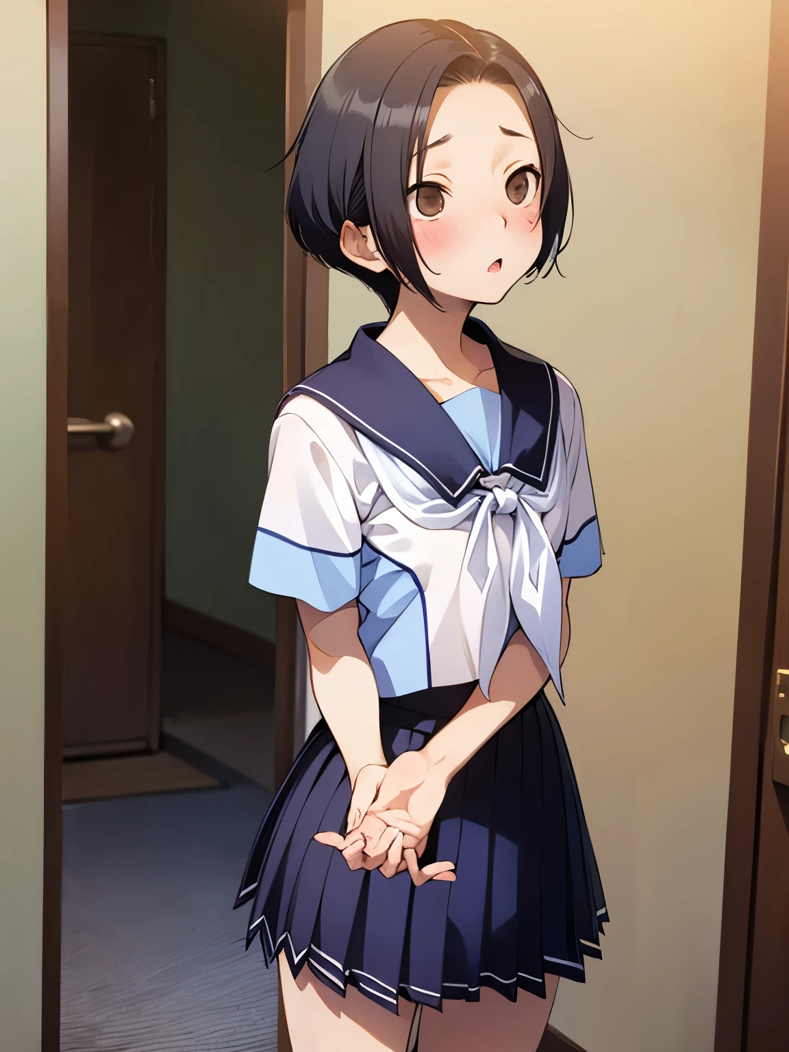 NSFW,Aarinko、short hair、Black Hair、Bobcut、Serafuku、Sailor collar、Blue neckerchief、White Shirt、Short sleeve、Pleated skirt、Blue Skirt,Embarrassed,blush,(Perfect hands),(Perfect Anatomy),(masterpiece),(highest quality),Looking up