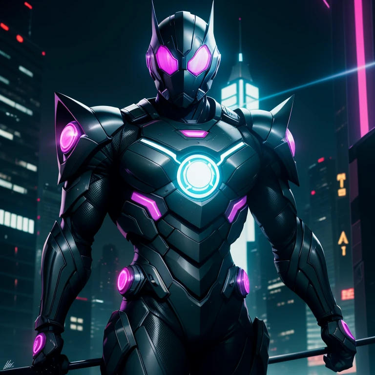 Description of a Solitary Kamen Rider in his Black and Silver Armor: Dark and Mysterious Nightscape
In the heart of a sprawling, neon-lit metropolis, a solitary figure stands against the backdrop of a midnight sky. The Kamen Rider, clad in his signature Black and Silver Armor, his Techsuit shimmering with technological prowess. His grey and black attire, reminiscent of a secret agent, is a stark contrast to the cityscape around him. The Armadura Preta, a symbol of power and mystery, gleams with an iridescent sheen under the pulsating neon lights.
His helmet, patterned after a