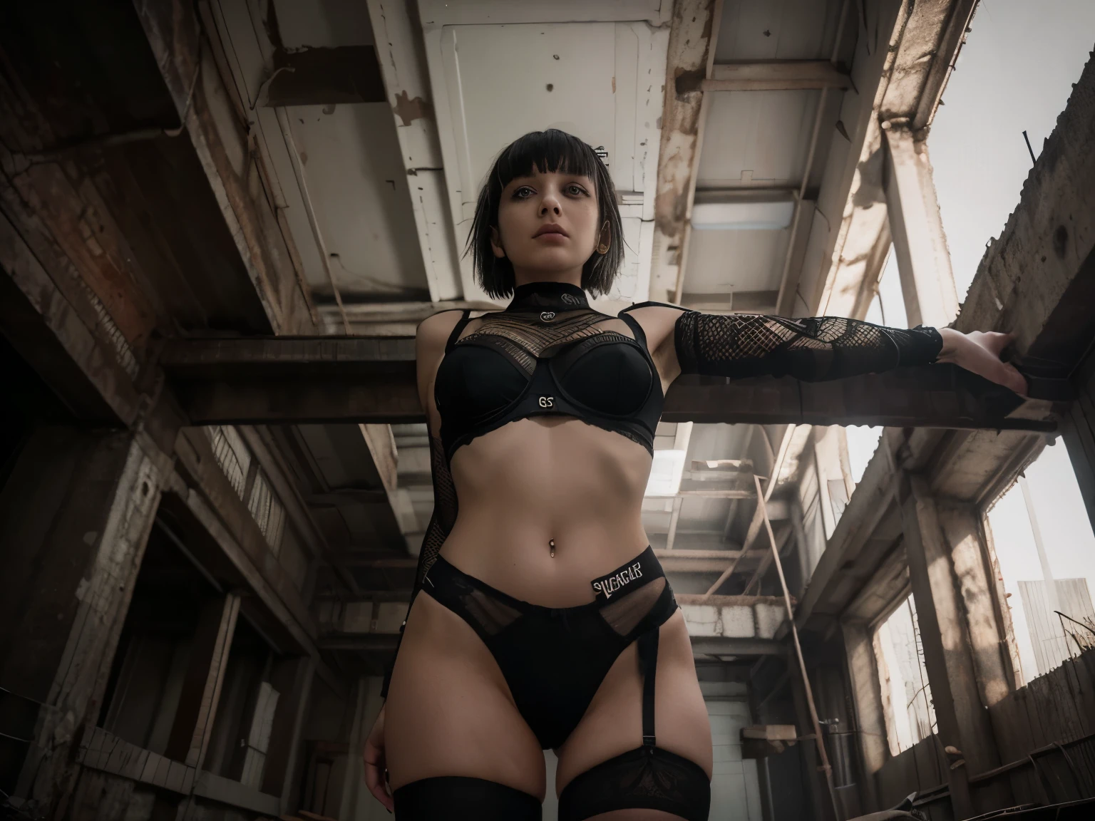 (Best Quality,hight resolution,Masterpiece, shot from below:1.2),Ultra-detailed,woman dressed in black high waisted thong,sickly,standing in a black water pool in an abandoned factory, fishnet lace stockings, black g-string thong, abandoned factory, emerging from a pool full of black melm, half body shot, intricate high waisted black thong and bra, centered subject,gloomy ecstasy,fetish,dark gloomy atmosphere, creepy atmosphere, gritty texture,Retro-atmosphere,warped reality,melancholic expression on his face,mysterious aura,foggy atmosphere,foggy background,Subtle color palette,provocative pose,Strong emotions,Coming Out of the Depths of Despair,Piercing gaze,intense shadows,Plunged in Darkness,dark industrial aesthetic,ominous vibe,A supernatural sensation,Loss of Place in Time and Space,Eerie silence.asymmetrical bangs, freckles, black short hair, Bangs, freckles, gray eyes,