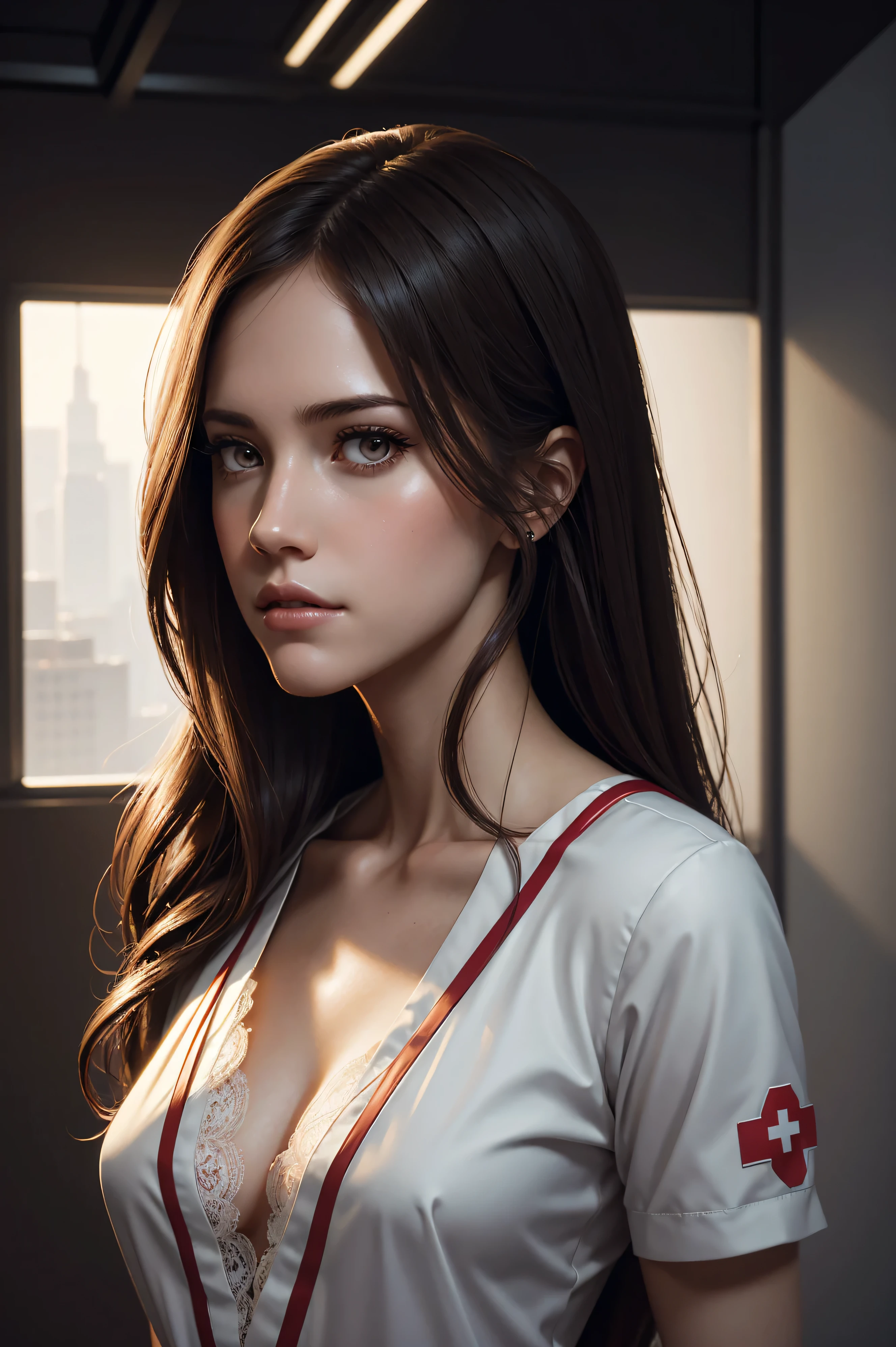 portrait Allison Williams, wearing sexy nurse costume, against the background of the hospital, character portrait, 3 9 9 0 s, long hair, intricate, elegant, highly detailed, digital painting, artstation, concept art, smooth, sharp focus, illustration, art by wlop, charlie bowater and alexandra fomina