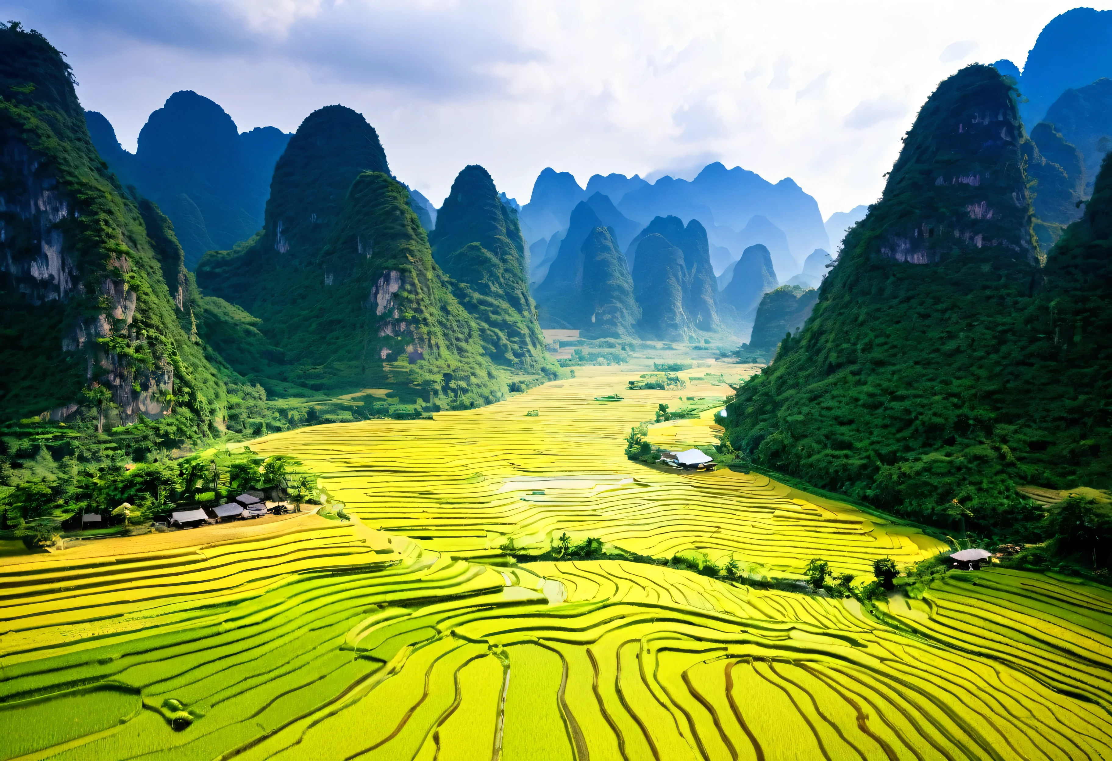Beautiful views of the Chinese countryside and mountains., karst landscape, paisaje chino, pueblo chino, jungles of Vietnam beautiful, hou china, karst landscape ; plano general, Vietnam, paisaje muy hermoso, impresionantes paisajes, Valle encantador, rice fields and flowing river, paisajes impresionantes, very paisaje muy hermoso, guangjian, pintoresco, natural morning light
