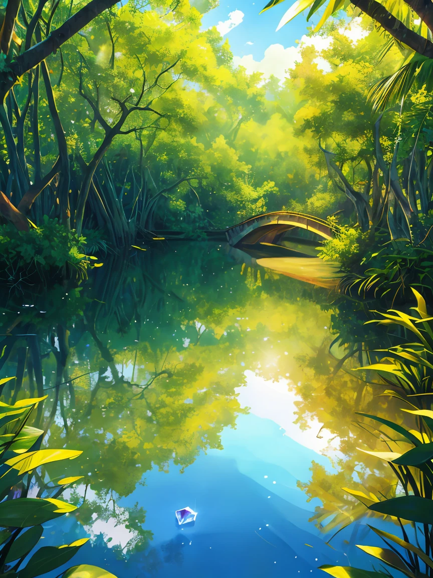 , the bridge is in the middle of many Mangrove trees ,sunlight shining,rippling water,realistic nature,highly detailed(fine details:1.2), HDR,ultra-detailed,professional,photorealistic:1.37,portrait,landscape,painting, detailed fur,bright colors, vivid reflections,crystal clear water,soft light, playful expression,reflection in water,rays of sunlight, vibrant scene