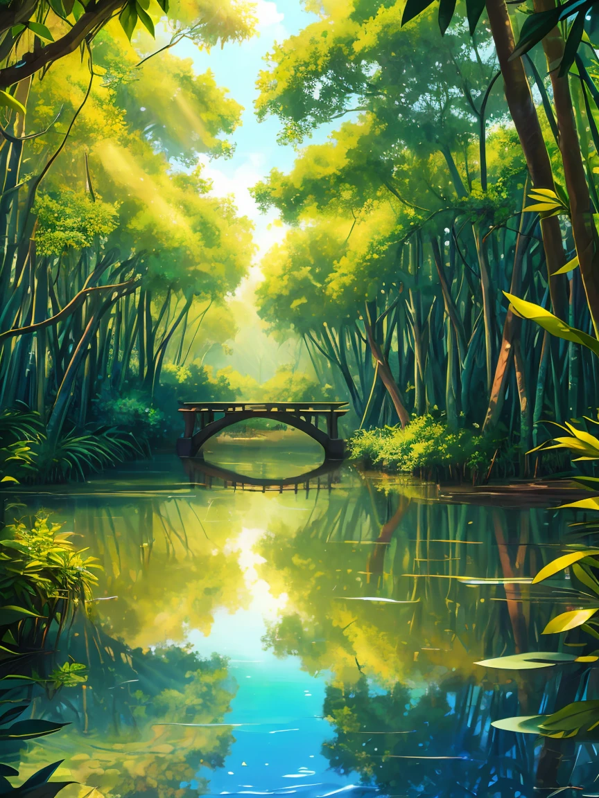 , the bridge is in the middle of many Mangrove trees ,sunlight shining,rippling water,realistic nature,highly detailed(fine details:1.2), HDR,ultra-detailed,professional,photorealistic:1.37,portrait,landscape,painting, detailed fur,bright colors, vivid reflections,crystal clear water,soft light, playful expression,reflection in water,rays of sunlight, vibrant scene