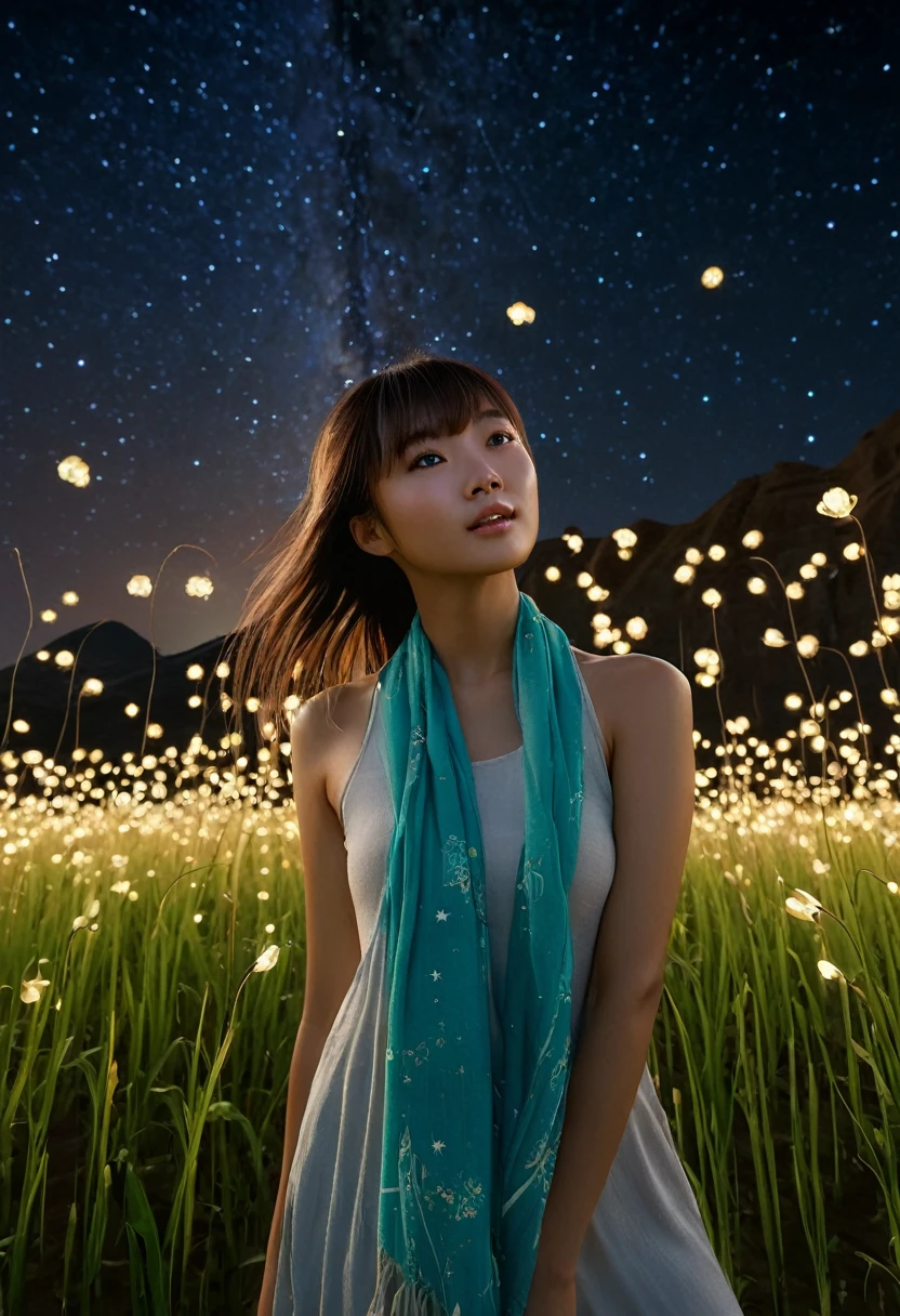 (RAW Photo, Best Quality), (Realistic, Photo Realistic: 1.3), Best Quality, Highly Detailed, Masterpiece, Ultra Detailed, Illustration, 1 Girl, upper_body, Dynamic Angle, Extremely Detailed CG Unified 8k Wallpaper, Ink, Amazing, Movie upper_body, Dynamic Angle, World Mastery Theater, messy_long_hair, Best Quality, Extremely Detailed CG Unified 8k Wallpaper, Ink, Amazing, Movie Lights, lens_flare, dunhuang_style, Detailed Face, Beautiful Rendering of Tang Dynasty, (Deliberate expression: 1. 5), Standing in a flower field, (Looking up at the stars: 1.2), Fireflies, Scarf floating , sony master shot, woman posing for photo in front of tv, inspired by Fei Danxu, brown hair and bangs, hi-res screenshot, nicovideo, normal hands, vivid colors, full face shot of limur tempest, nice studio lighting, vhs screenshot, beautiful fine face