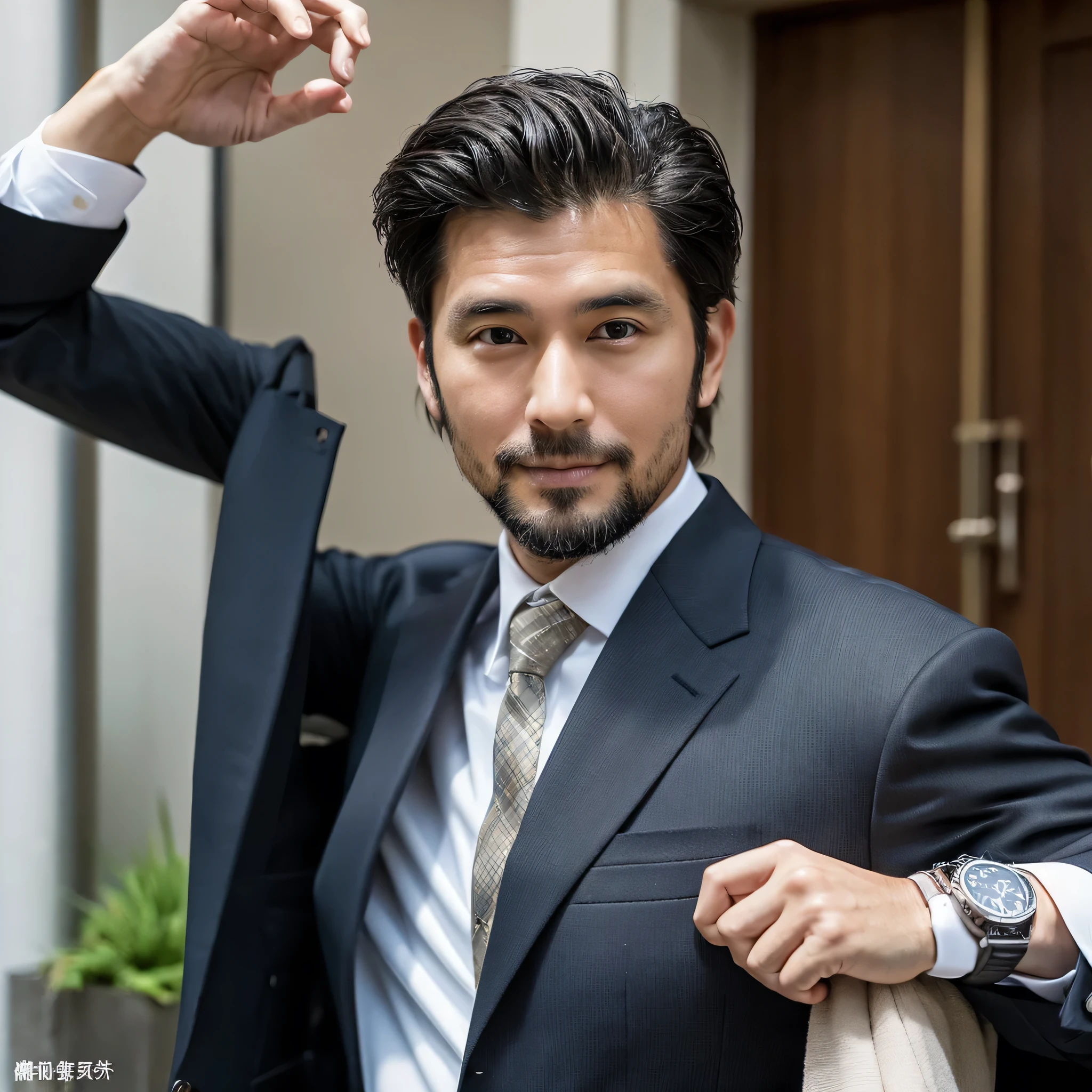 40-year-old male、Wearing a suit、Grow a little beard、Handsome、Wearing a watch