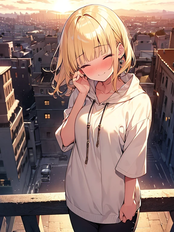 Masterpiece, Top quality, 1 beautiful girl, Blonde, short Hair, wavy Hair, blunt bangs, silky hair, , standard weight, (cool clothes:1.3), (happy :1.4), (nose blush :1.1), closed eyes, beautiful scene of town, from above, blurry background, magnificent panorama view, sunset