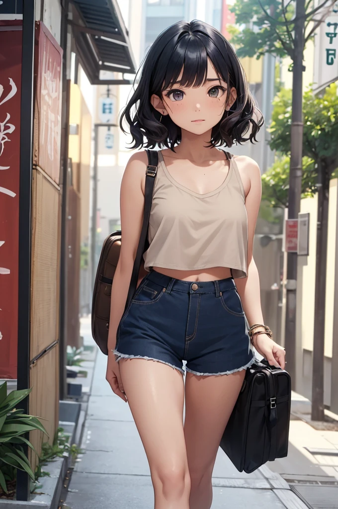 ({Mia},1girl,cute,17yo,beautiful detailed face,(navy hair),(wavy short-hair),parallel eyebrows,navy eyes with large brown irises,mole on right cheek,blunt bangs,small nose,small mouth, fresh lips,small chin,small breasts,small hip,(5feet tall)),
very happy,
BREAK Cropped organic linen tank top, pleated Tencel lyocell shorts, cork platform sandals, eco-friendly raffia backpack, ethically-sourced bamboo ring,
downtown of tokyo,