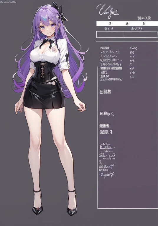 Purple hair,long hair,Adult female,(Bartender),((Rolling up your sleeves shirt)),(Corset),(Tight skirt),(high heels),((Simple background)),Smile,((Full body)),((whole body)),Character Sheet,