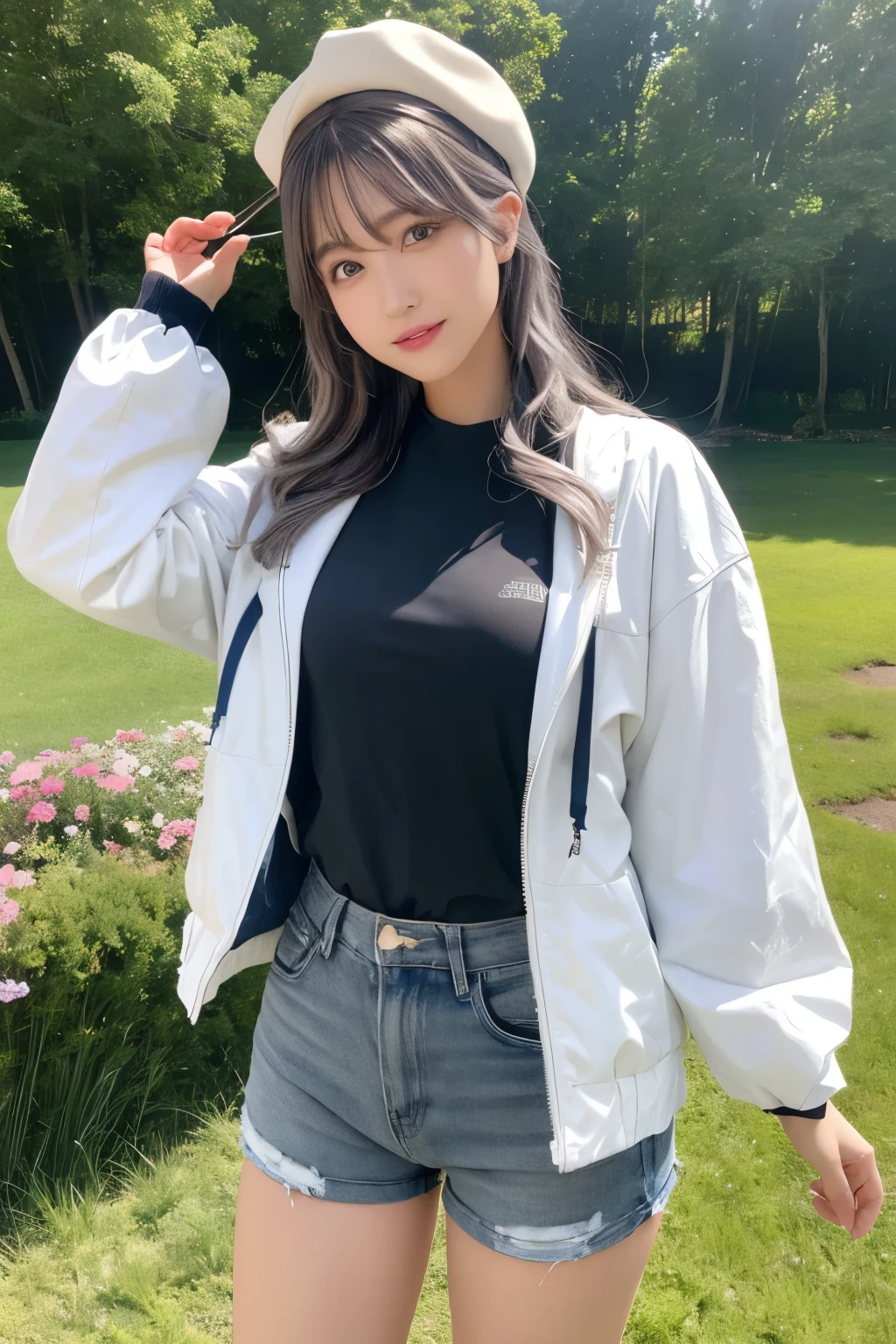 (Realistic, photoRealistic), Four Colors_Genshin Impact, Are standing, One girl, Blue hat, ((Gray Hair)),(Cowboy Shot, close), Hair between the eyes, blue eyes, bangs, White shorts, Thigh straps, Long sleeve, Blue jacket, White shirt, Upper Body, (masterpiece, high quality, 最high quality), (colorful),(Delicate eyes and face), volumatic Light, Ray Tracing, Bust Shot ,Highly detailed CG Unity 8k wallpaper,alone((Flying petals)),(Flowery meadow) null, blue null, sunny, Light, Fantasy, the wind is strong, magic sgardens, Outdoor, garden, wood, Flowers, lake,