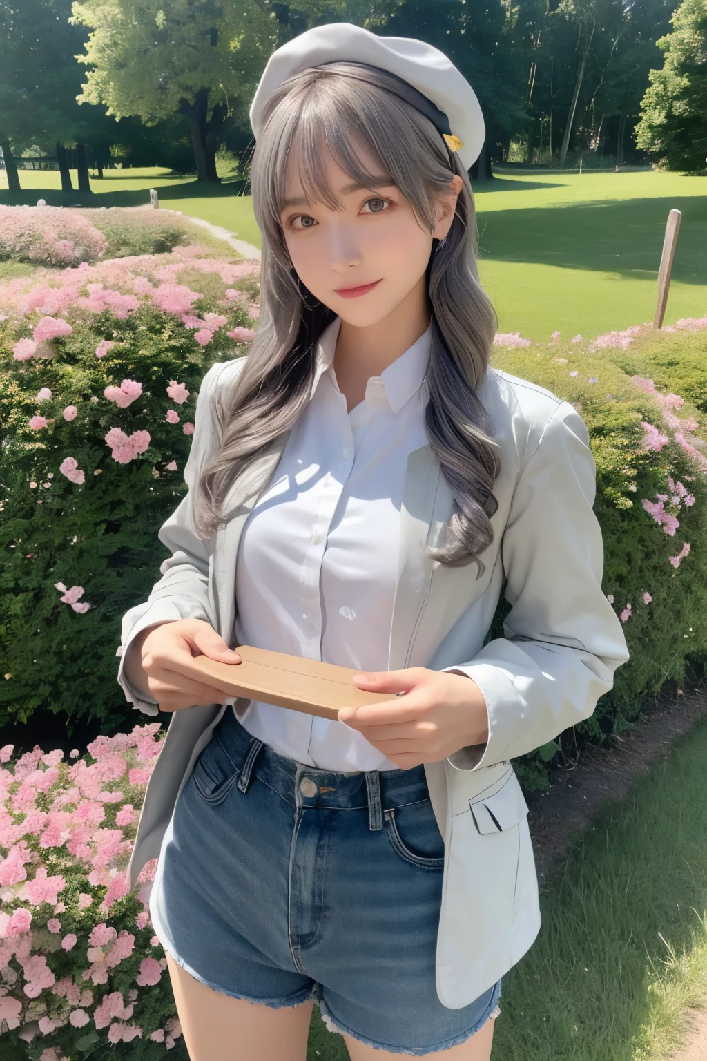 (Realistic, photoRealistic), Four Colors_Genshin Impact, Are standing, One girl, Blue hat, ((Gray Hair)),(Cowboy Shot, close), Hair between the eyes, blue eyes, bangs, White shorts, Thigh straps, Long sleeve, Blue jacket, White shirt, Upper Body, (masterpiece, high quality, 最high quality), (colorful),(Delicate eyes and face), volumatic Light, Ray Tracing, Bust Shot ,Highly detailed CG Unity 8k wallpaper,alone((Flying petals)),(Flowery meadow) null, blue null, sunny, Light, Fantasy, the wind is strong, magic sgardens, Outdoor, garden, wood, Flowers, lake,