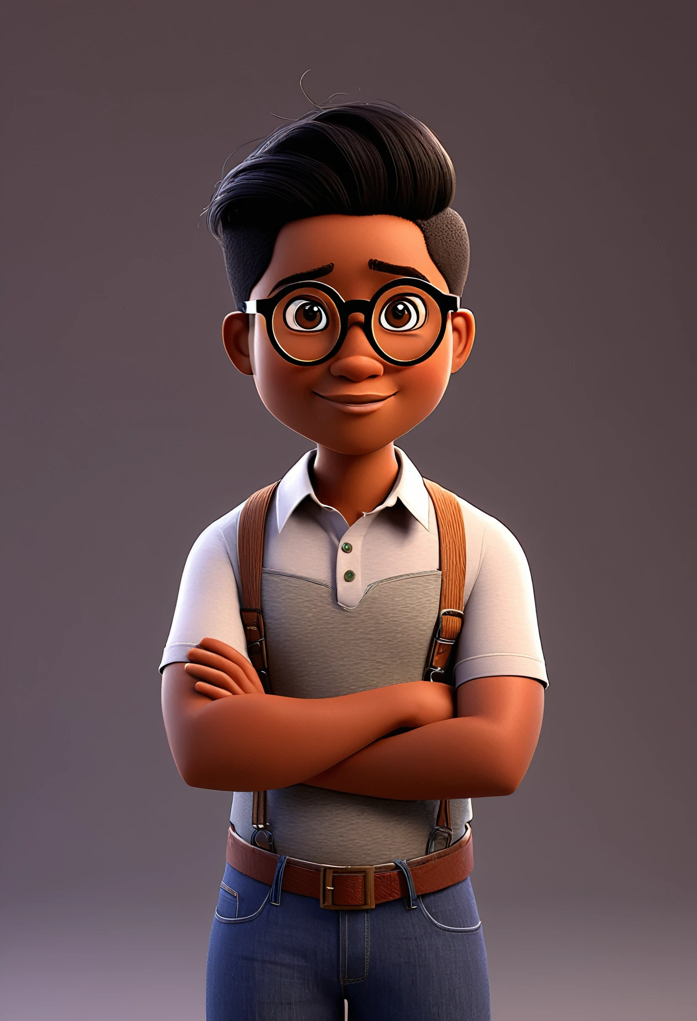 Create a 3D illustration of a brown lesbian pixar style animated character with round glasses and black male hair marketing professional The character's background