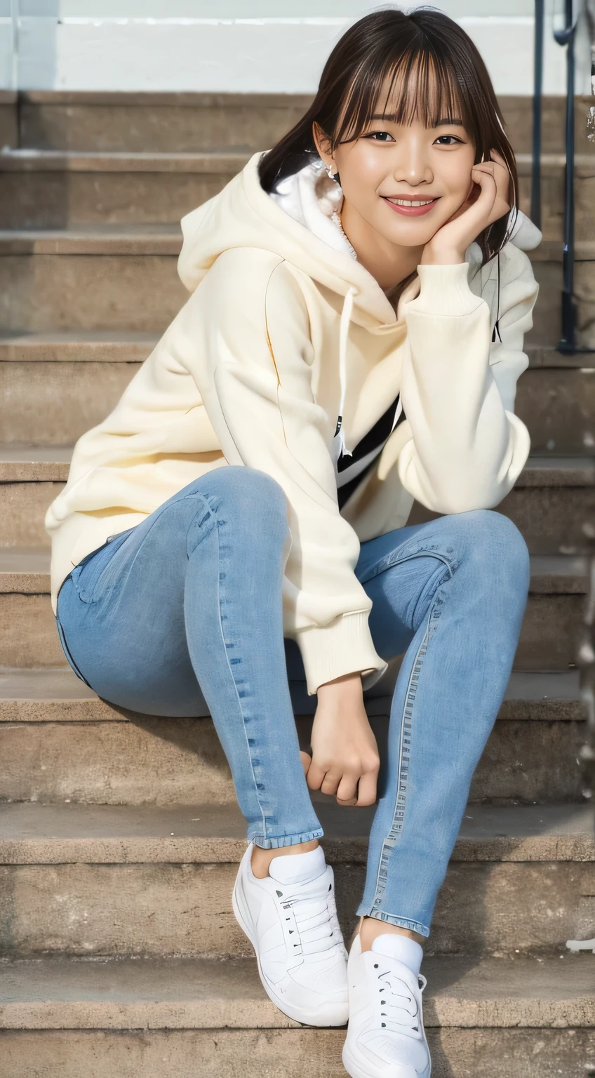 highest quality, Realistic, Very detailed, Finer details, High resolution, 8k wallpaper, One beautiful woman,Sit on the stairs、(Wear black socks)smile、(Beautiful teeth alignment、)(Gums are visible) Oversized hoodie, Skinny jeans,( Black sneakers)、Black Hair、 Beautiful Bangs、ear piercing、Perfect dynamic composition, Beautiful and detailed, Full Body Shot, A big smile