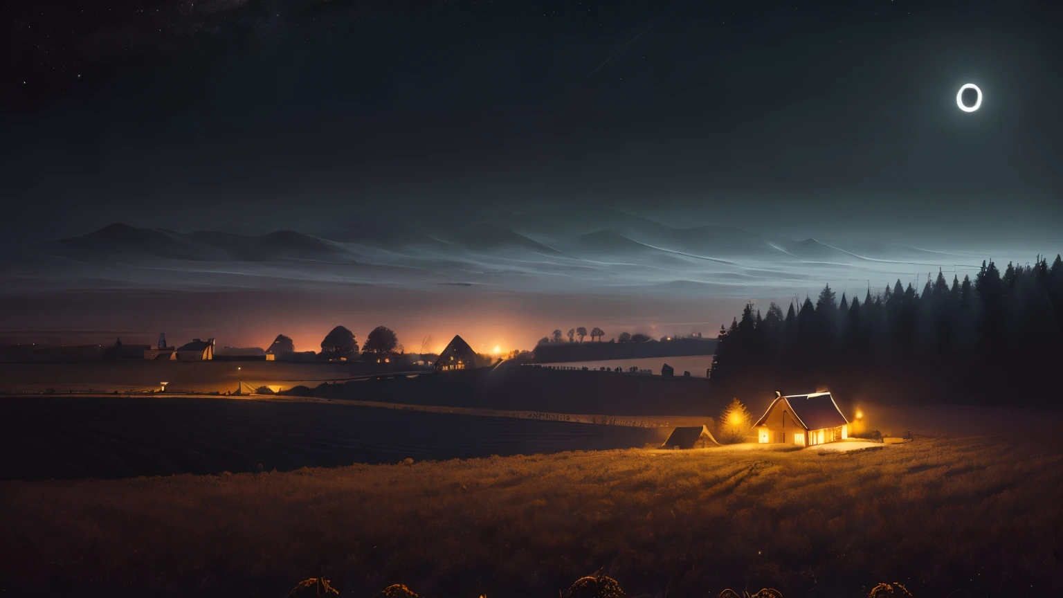 (((Late Night,Dark,night))),farmland,middle Ages,barren,Distant forest
