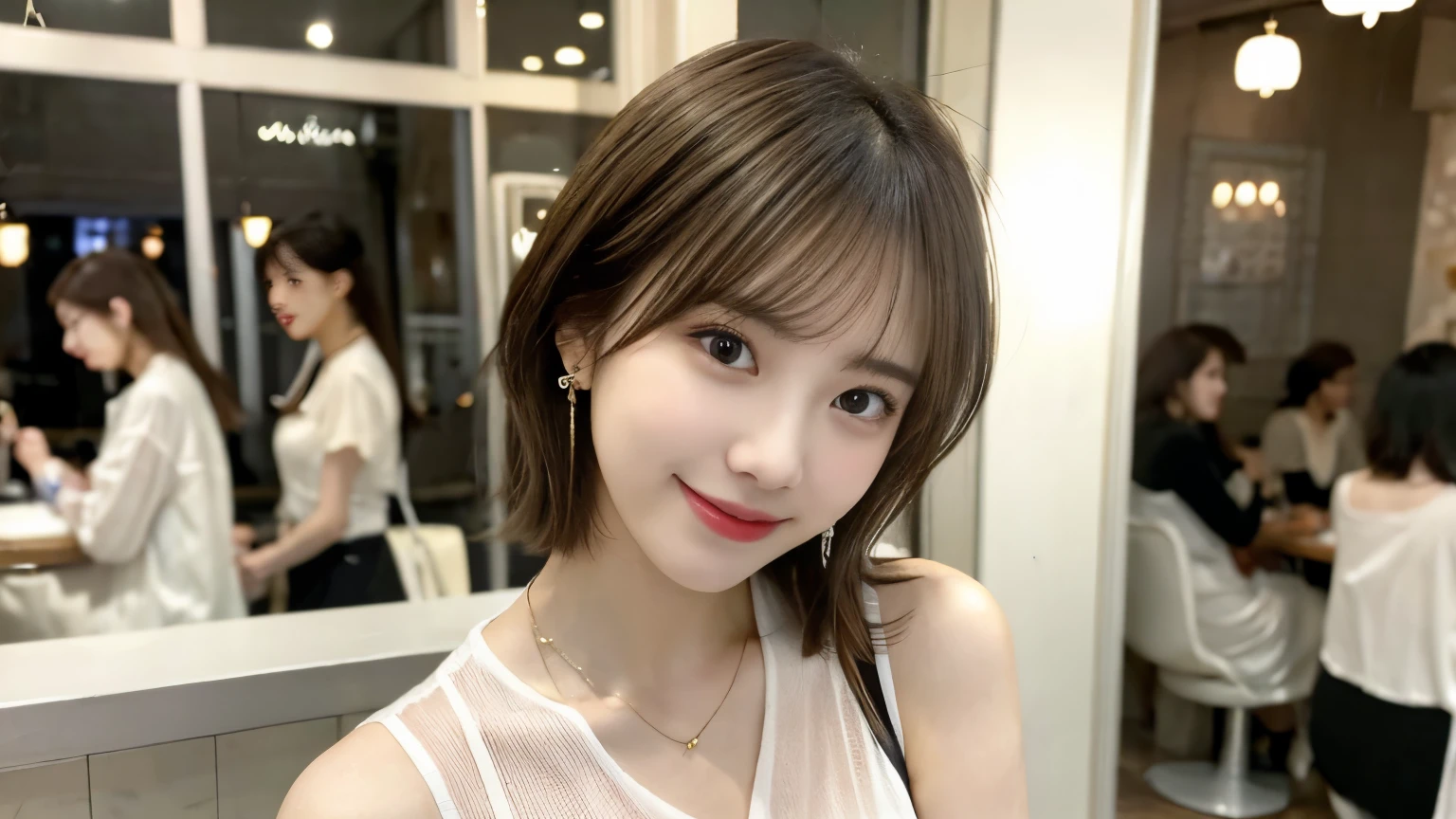 super high quality, Short Hair, Slender, Gravure photoshoot, The staff is working at the counter in the back., (8k、RAW Photos、highest quality、masterpiece:1.2), Japanese Idol, Shaggy, Stylish café, The cafe is crowded with people enjoying themselves., (Realistic、Photorealistic:1.37), Mesh Hair, Urban Cafe, Golden Ratio, Raw photo, Cute face , Light Brown Hair, Earrings, Small breasts, Bright cafe interior, Blurred Background, Beauty salon model, Spring Clothes, necklace, Beautiful hairstyle, White Shirt, Spoiled, Smile, Hair blowing in the wind, Neat clothes, boyish, 18-year-old, younger sister,