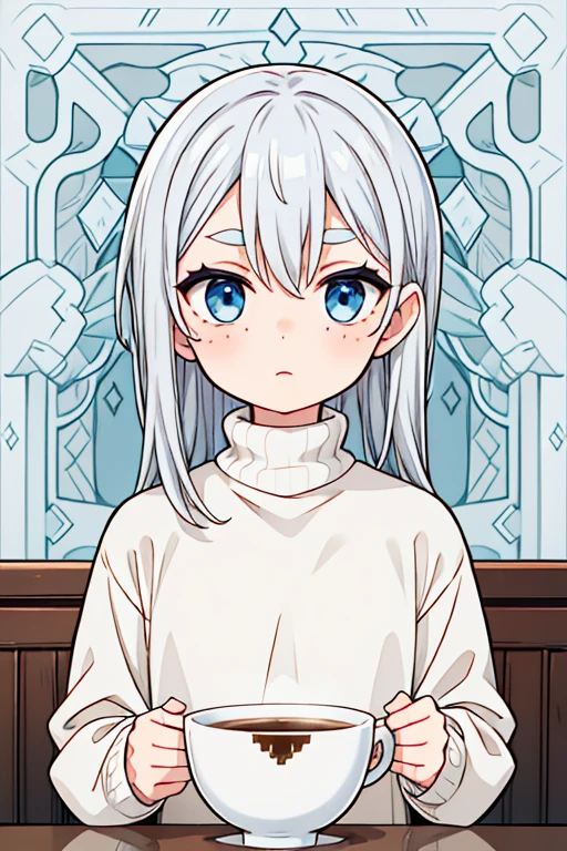 Boy with silver hair，Freckles on the face，blue eyes，White thick eyebrows，Wearing a brown turtleneck sweater，At the coffee shop