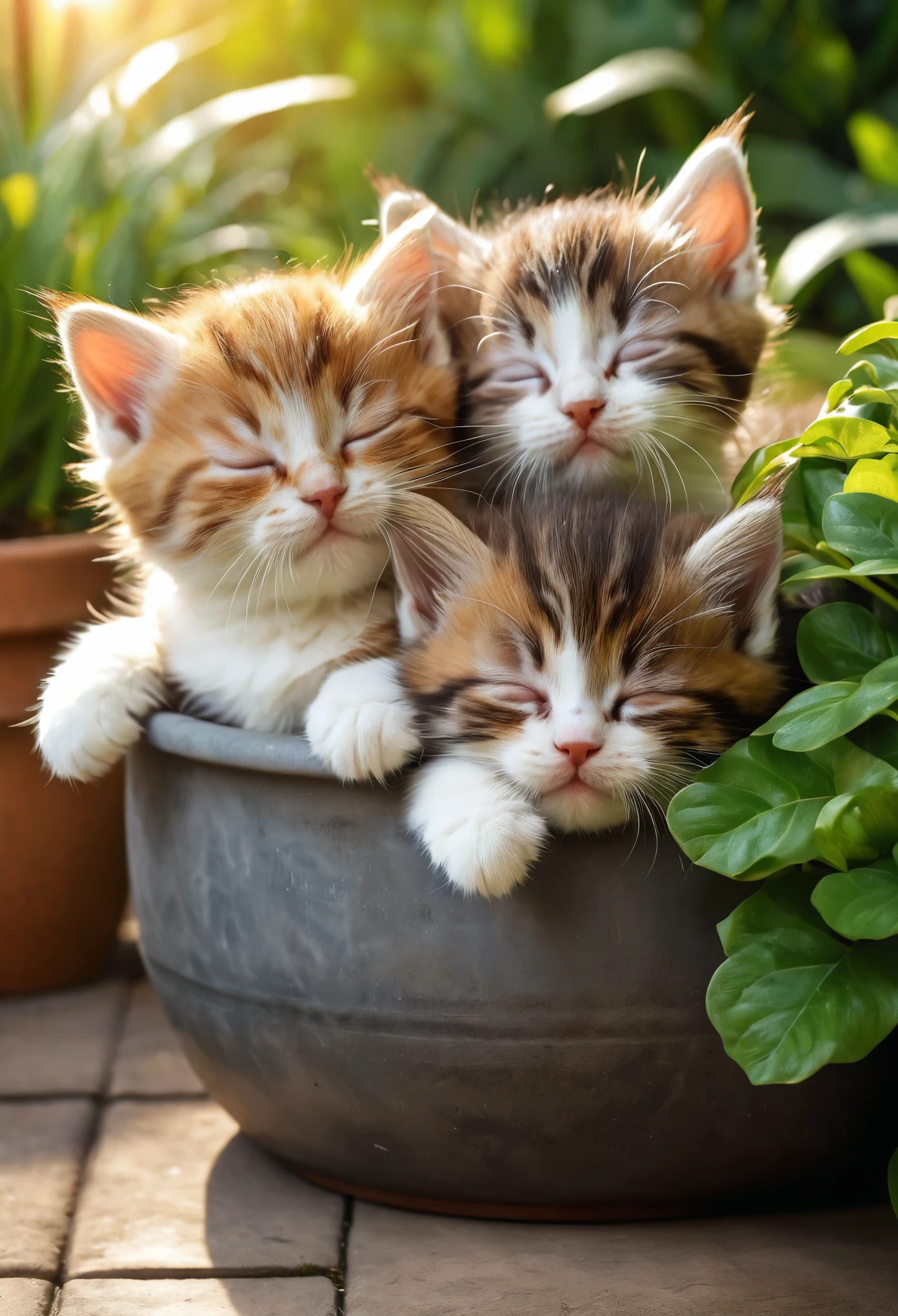 (8k, RAW Photos, highest quality, masterpiece, Realistic, Realistic, Ultra HD), (Cute kitten), Very cute, (Beautiful brown fur), (Three cat brothers), (Sleeping), (Rolled up in a pot), (Home garden background),  Background Blur, (Ray Tracing, Beautiful lighting, masterpiece), 