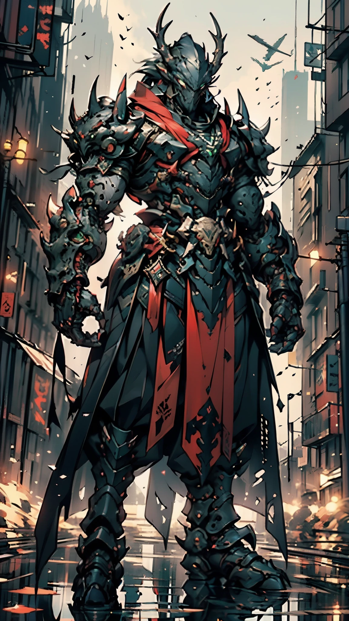 A man wearing a full-face helmet, a fantasy-style biotech armored combat suit, green eyes, (a composite layered chest armor), fully enclosed shoulder guards, matching arm and leg guards, the belt is adorned with dragon claw grasping orbs, (the color scheme is primarily black with red accents), the design balances heavy with agility, a high-tech bio-mecha armor, (Armor Concept Inspired by Dragons, stand on the top of a skyscraper in a futuristic sci-fi city), this character embodies a finely crafted fantasy-surreal style armored hero in anime style, exquisite and mature manga art style, (element, plasma, energy, the armor glows), ((male:1.5)), metallic, real texture material, dramatic, high definition, best quality, highres, ultra-detailed, ultra-fine painting, extremely delicate, professional, perfect body proportions, golden ratio, anatomically correct, symmetrical face, extremely detailed eyes and face, high quality eyes, creativity, RAW photo, UHD, 32k, Natural light, cinematic lighting, masterpiece-anatomy-perfect, masterpiece:1.5