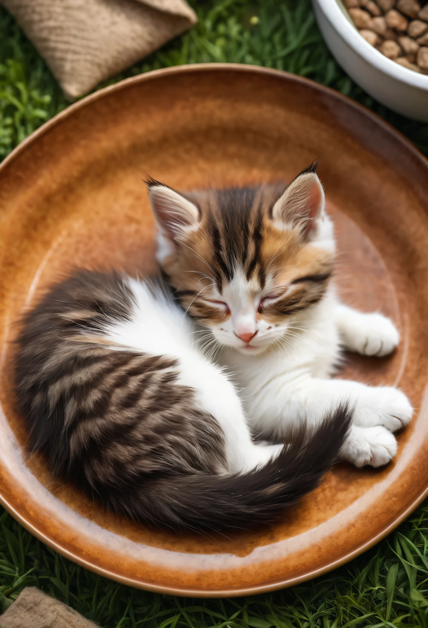 (8k, RAW Photos, highest quality, masterpiece, Realistic, Realistic, Ultra HD), (Cute kitten), Very cute, (Beautiful brown fur), Two cats), (Sleeping), (Curled up on a big plate), (Top-down angle), (Home garden background), Background Blur, (Ray Tracing, Beautiful lighting, masterpiece),