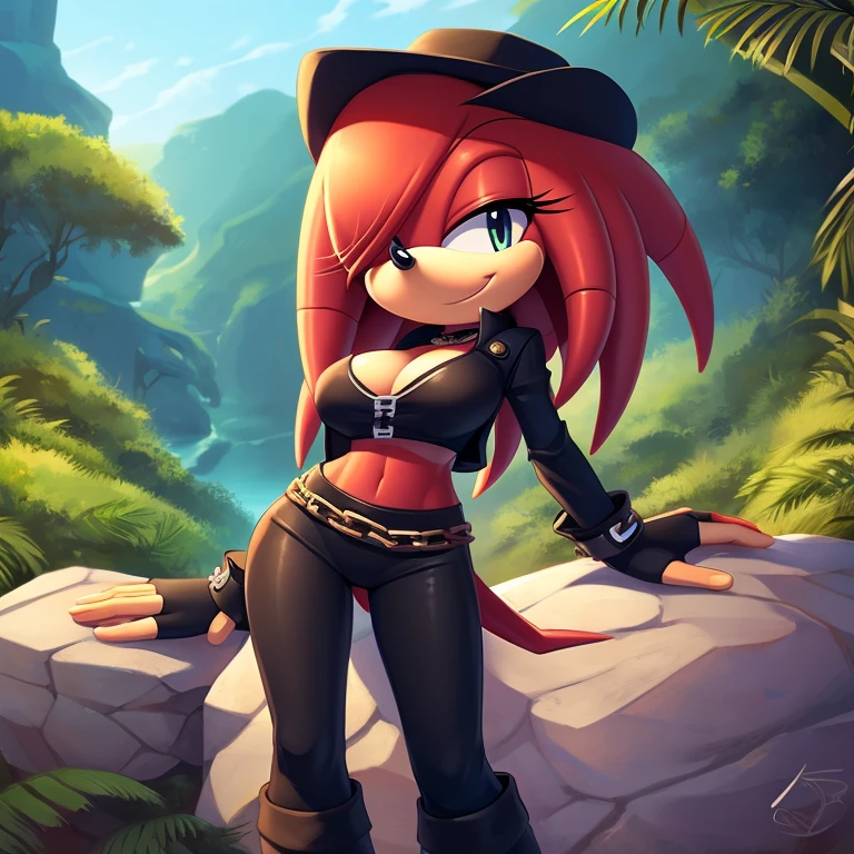 Female, Mobian, (((Echidna))), (solo), (1girl), feminine eyelashes, large breasts, red fur, hair bangs, perfect feminine figure,standing, intricate details, (detailed background), anime style,leaning on rock,jungle background,sharp focus, smiling, furry female, (solo),cowboy hat,hair over one eye,brown jacket,black crop top with boob window, cleavage,long black sleeves, fingerless blue gloves with black cuffs,black pants with chains,white and black soap sonic boots