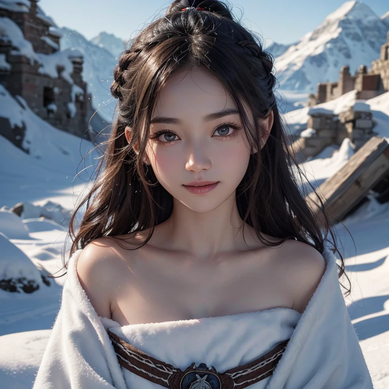Hide in the snow mountain, Hair flows, (highest quality,masterpiece,8k,best image quality,ultra high resolution,Award-winning work),(accurate anatomy:1.1),(look at me and smile:1.1), Shining fair skin with ultra high resolution, most detailed face, ultra high resolution detailed face, ultra high resolution hair with flowing effect,(ultra high resolution sparkling eyes:1.1), Beautiful face drawn in every detail,(blurred background:1.1), ancient Inuit clothing, chest together, tattoo, Old ruins in the background, real wolf aside