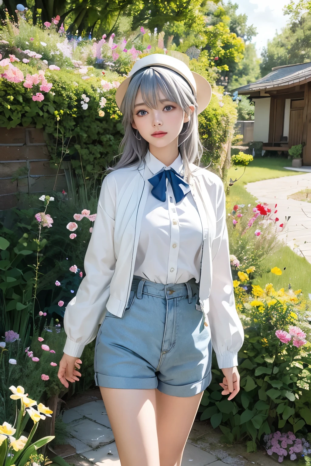 (Realistic, photoRealistic), Four Colors_Genshin Impact, Are standing, One girl, Blue hat, ((Gray Hair)),(Cowboy Shot, close), Hair between the eyes, blue eyes, bangs, White shorts, Thigh straps, Long sleeve, Blue jacket, White shirt, Upper Body, (masterpiece, high quality, 最high quality), (colorful),(Delicate eyes and face), volumatic Light, Ray Tracing, Bust Shot ,Highly detailed CG Unity 8k wallpaper,alone((Flying petals)),(Flowery meadow) null, blue null, sunny, Light, Fantasy, the wind is strong, magic sgardens, Outdoor, garden, wood, Flowers, lake,