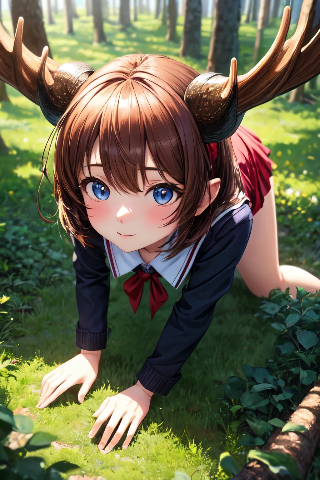 Anime style,  girl, moose girl, horns, , wide horns, pine forest, 8k, brown hair, on all fours, short skirt, cute, shine in eyes, view from above, high quality