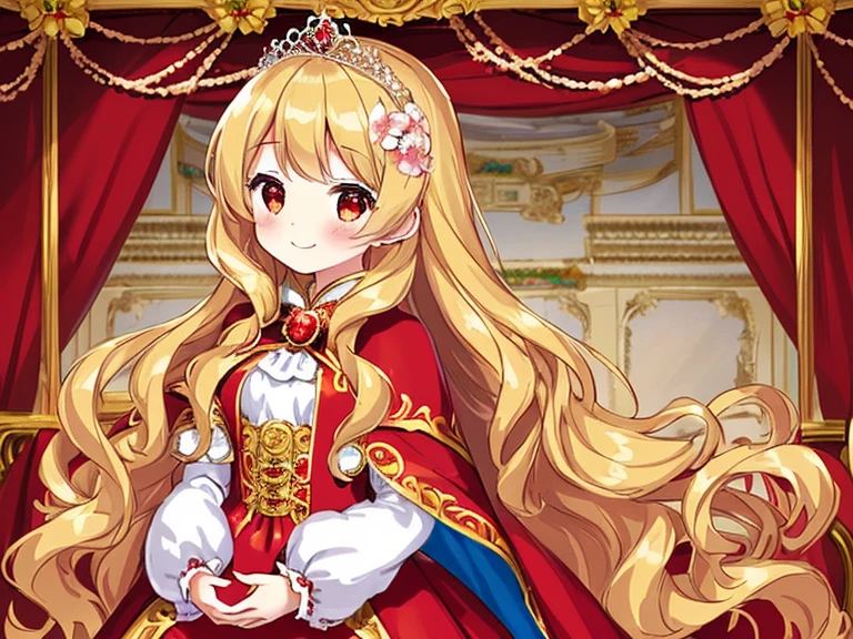(kawaii),(best quality),(ultra detailed), upper body,(rococo style),(long train red cape:1.15), very long cape,(long train white ball gown with flower decorations), a girl is wearing a cape over her gown, 1 little princess, tiara , smile, very long hair, small breasts