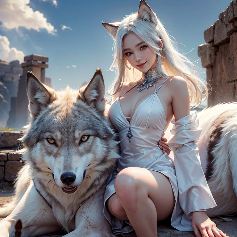 Desert, windy weather, white wolf、 ((highest quality、masterpiece、8k、best image quality、ultra high resolution、Award-winning work)、(accurate anatomy:1.1)、(look at me and smile:1.1)、Shining fair skin with ultra high resolution、most detailed face、ultra high resolution detailed face、white short hair flowing 、Beautiful face drawn in every detail、ancient Greek clothing, modest breast , real wolf beside the girl