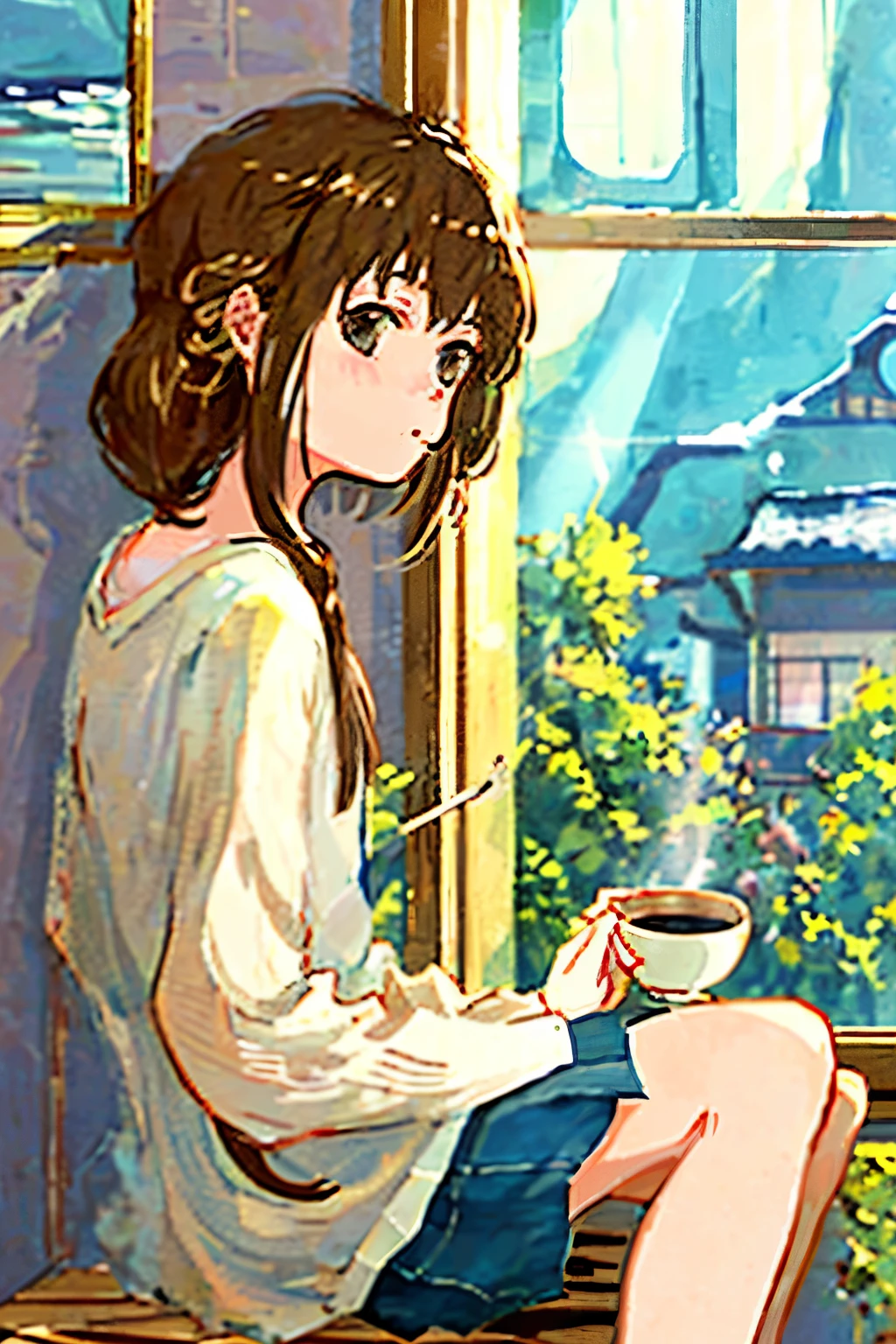 High-quality, Ghibli Studio style art of a girl sitting beside her room window, sipping hot coffee from a delicate porcelain cup. The room is softly lit, with the sun casting a warm, golden glow through the transparent window panes. Her long, wavy hair cascades down her back, slightly messy from the morning breeze. She wears a comfortably loose sweater and a pair of jeans, the faded denim complementing the wooden floor beneath her.

In the background, you can see the familiar Ghibli landscape - a quiet, peaceful town nestled among the rolling hills and picturesque mountains. The girl's expression is serene, her gaze fixed on the tranquil