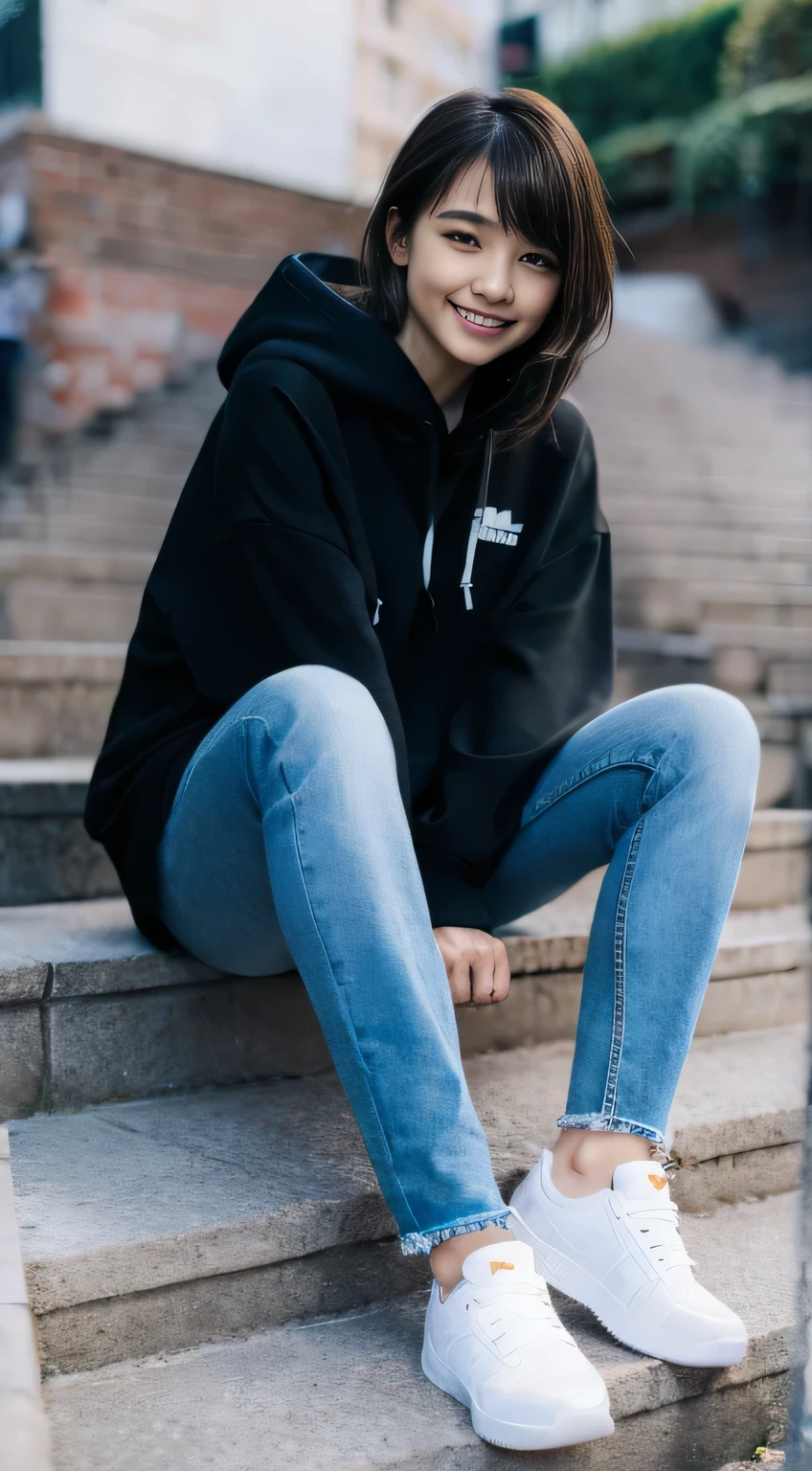 highest quality, Realistic, Very detailed, Finer details, High resolution, 8k wallpaper, One beautiful woman,Sit on the stairs、(Wear black socks)smile、(Beautiful teeth alignment、)(Gums are visible) Oversized hoodie, Skinny jeans,( Black sneakers)、Black Hair、 Beautiful Bangs、ear piercing、Perfect dynamic composition, Beautiful and detailed, Full Body Shot, A big smile